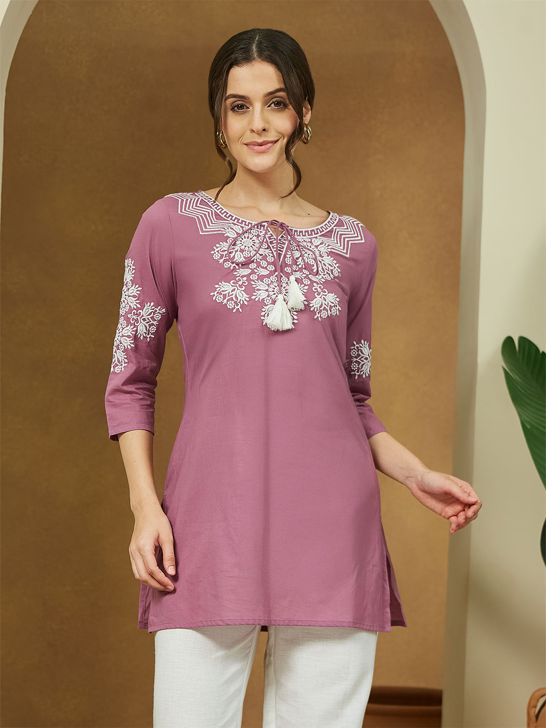 Janasya Dark Cotton Embroidered Straight Tunic - Distacart