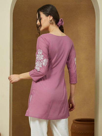 Janasya Dark Cotton Embroidered Straight Tunic - Distacart