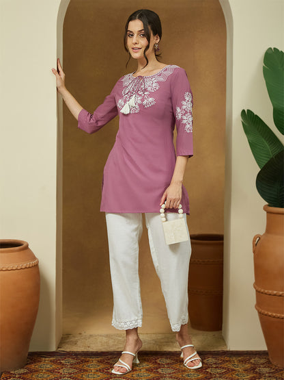 Janasya Dark Cotton Embroidered Straight Tunic - Distacart