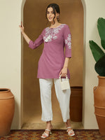 Thumbnail for Janasya Dark Cotton Embroidered Straight Tunic