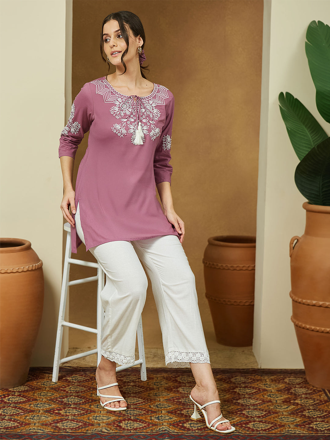 Janasya Dark Cotton Embroidered Straight Tunic