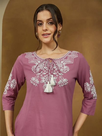 Janasya Dark Cotton Embroidered Straight Tunic - Distacart
