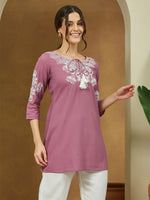 Thumbnail for Janasya Dark Cotton Embroidered Straight Tunic
