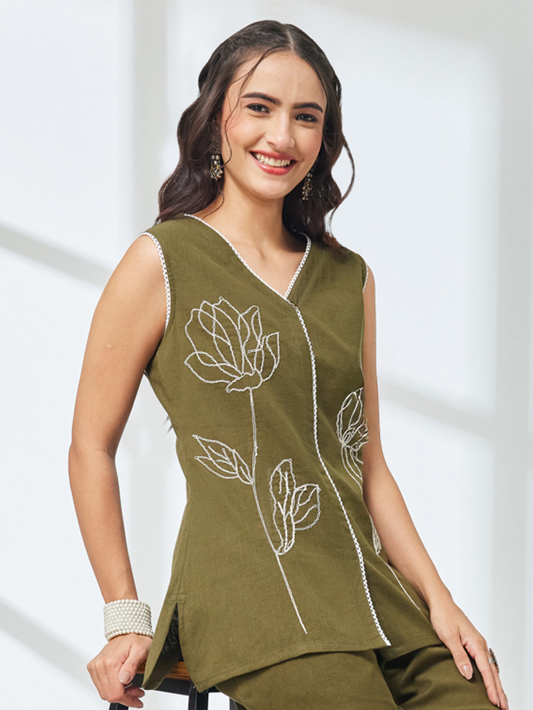 Janasya Olive Straight Cotton Co-Ords - Dista