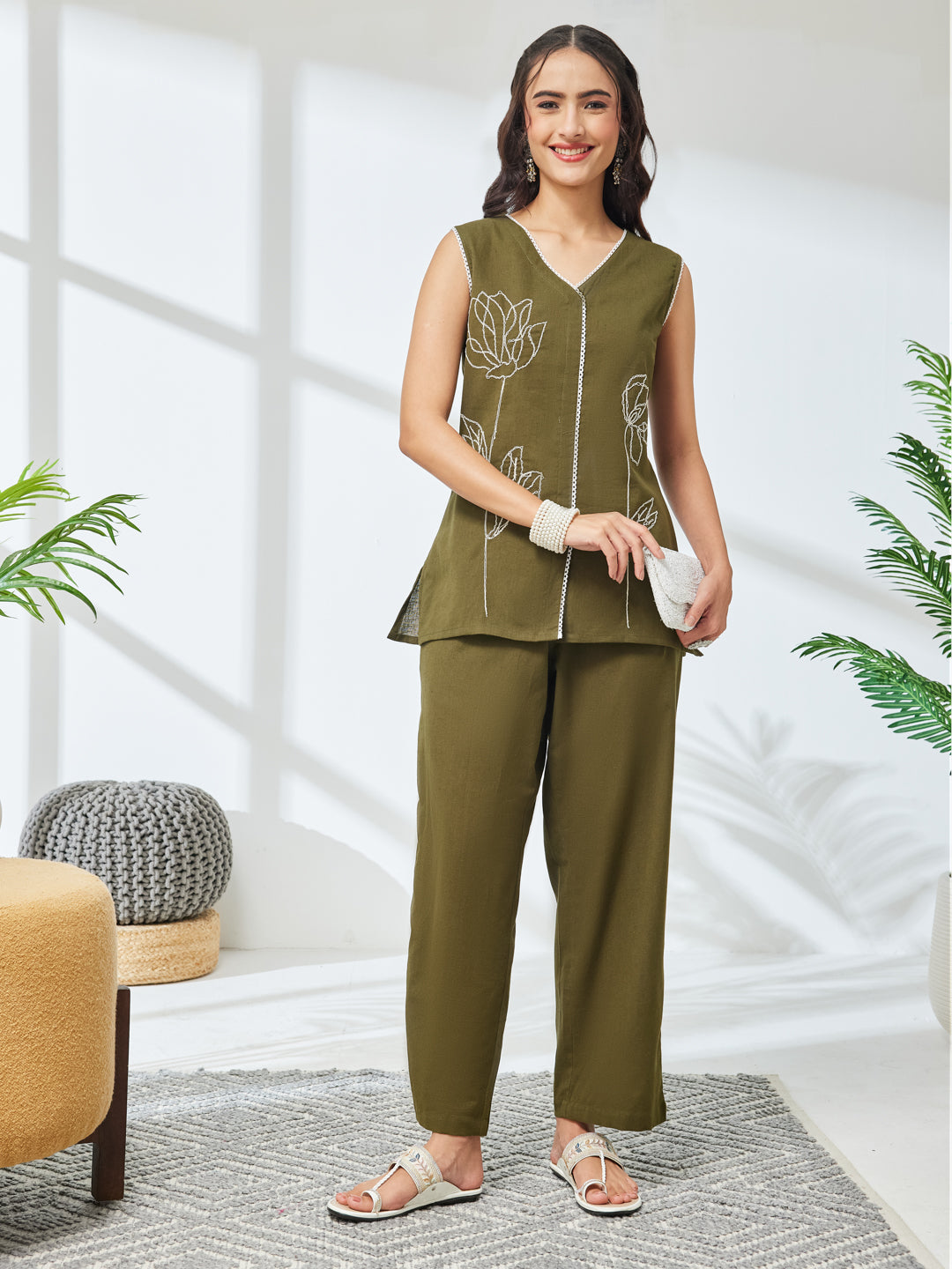 Janasya Olive Straight Cotton Co-Ords - Dista