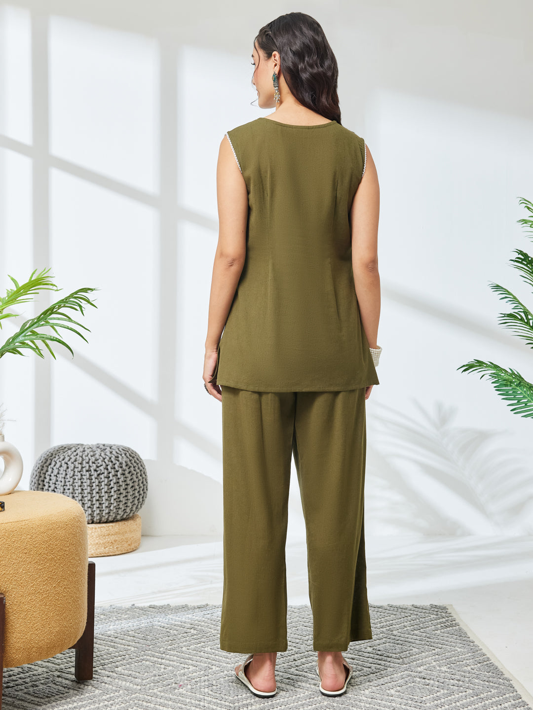Janasya Olive Straight Cotton Co-Ords - Dista