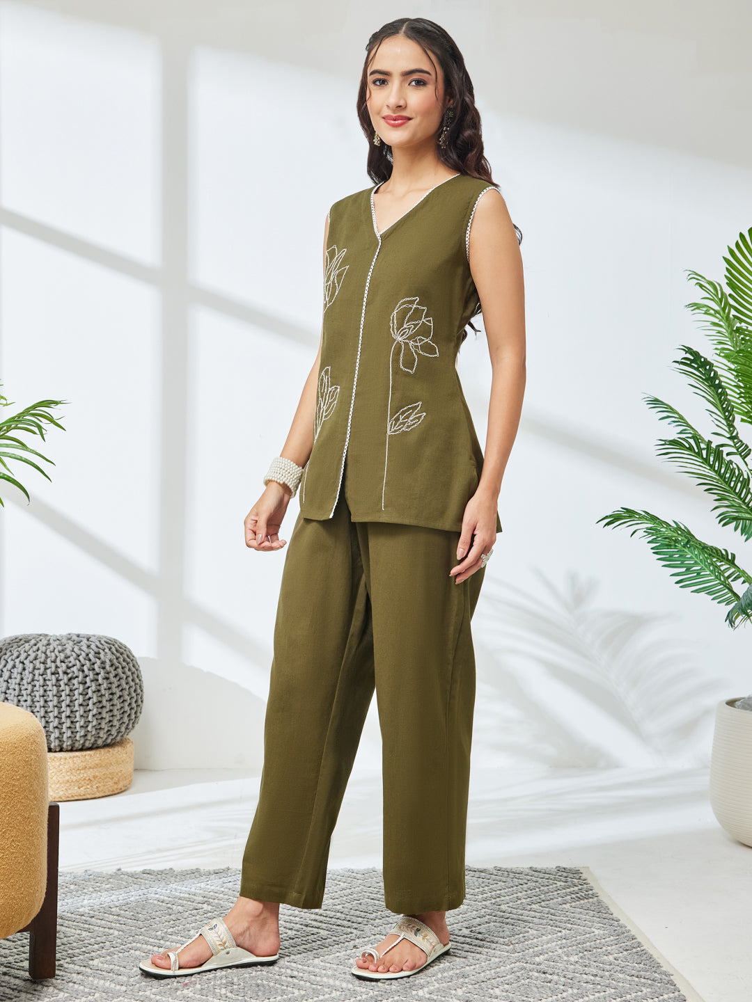 Janasya Olive Straight Cotton Co-Ords - Dista