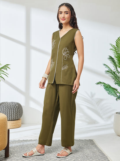 Janasya Olive Straight Cotton Co-Ords - Dista