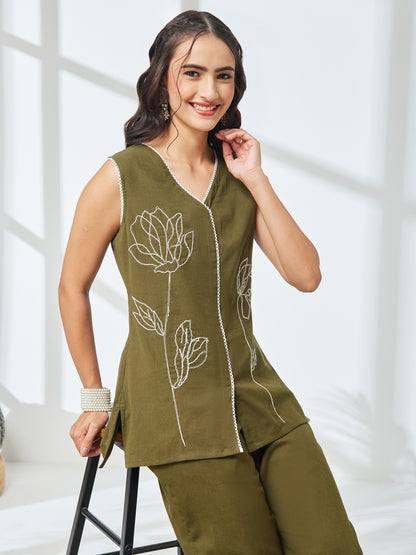 Janasya Olive Straight Cotton Co-Ords - Dista