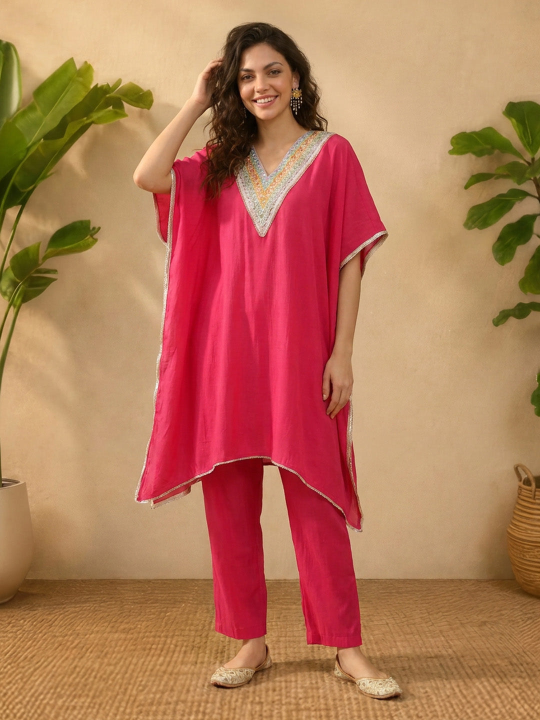 Janasya Pink Kaftan Silk Blend Pant Co-ord Sets - Dista