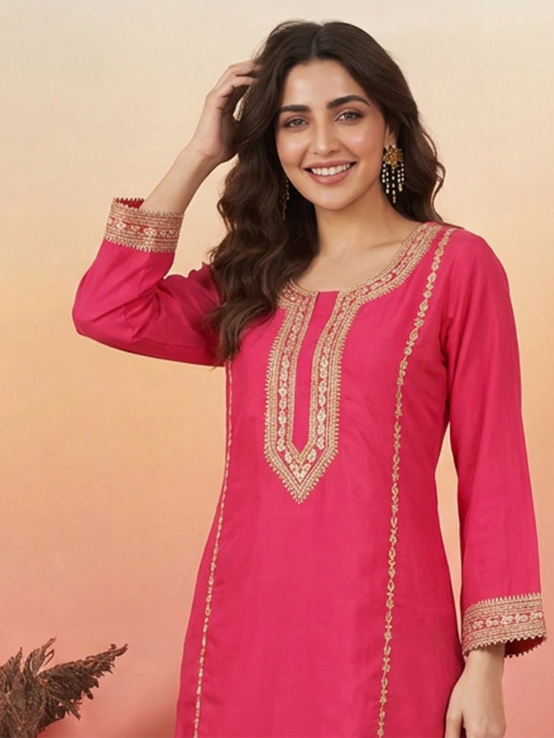 Janasya Pink A-Line Silk Blend Pant Co-ord Sets - Dista