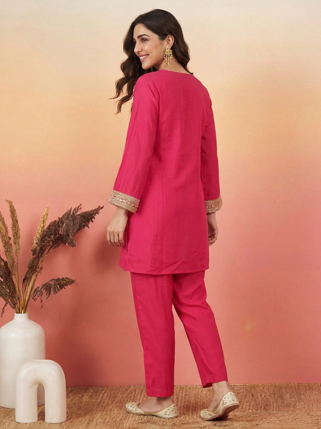 Janasya Pink A-Line Silk Blend Pant Co-ord Sets - Dista
