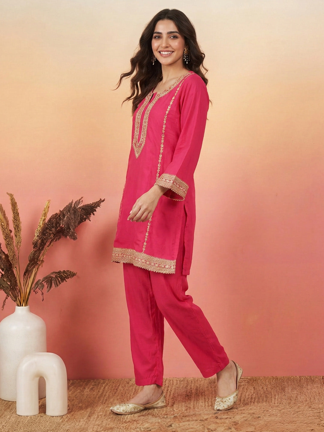 Janasya Pink A-Line Silk Blend Pant Co-ord Sets - Dista