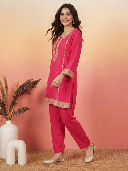 Janasya Pink A-Line Silk Blend Pant Co-ord Sets - Dista