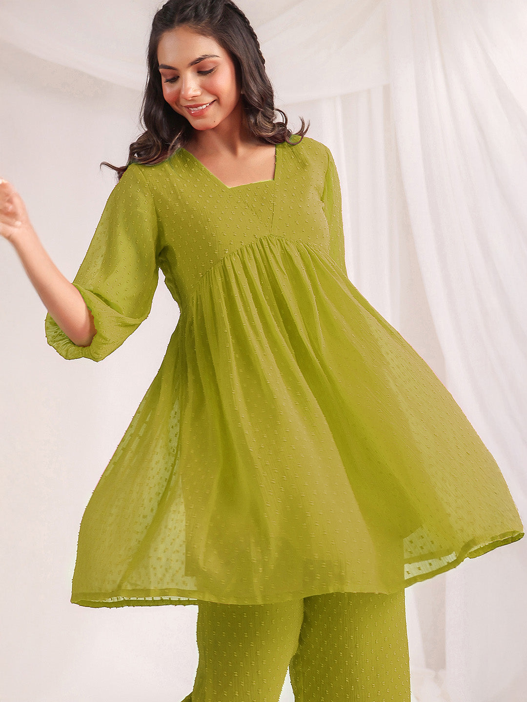 Janasya Lime A-Line Dobby Chiffon Pant Co-ord Sets - Dista