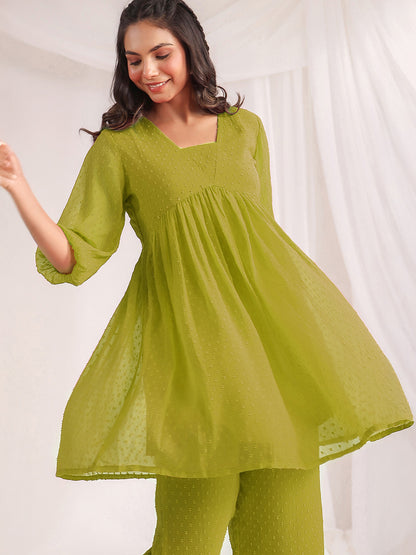 Janasya Lime A-Line Dobby Chiffon Pant Co-ord Sets - Dista
