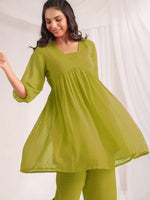 Thumbnail for Janasya Lime A-Line Dobby Chiffon Pant Co-ord Sets - Dista