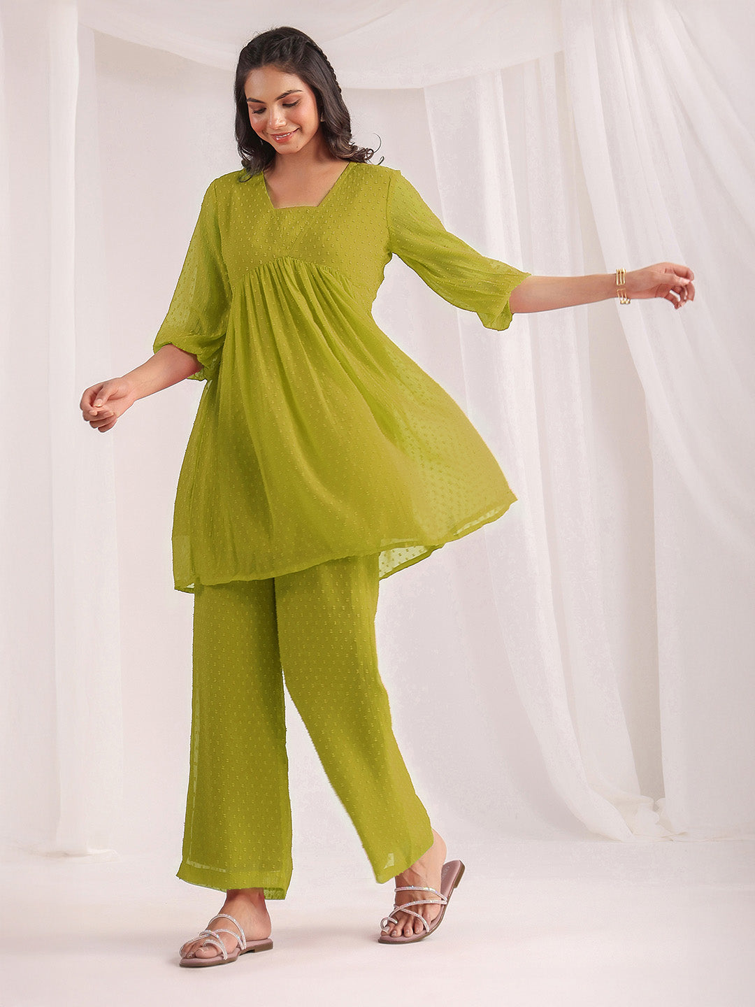 Janasya Lime A-Line Dobby Chiffon Pant Co-ord Sets - Dista