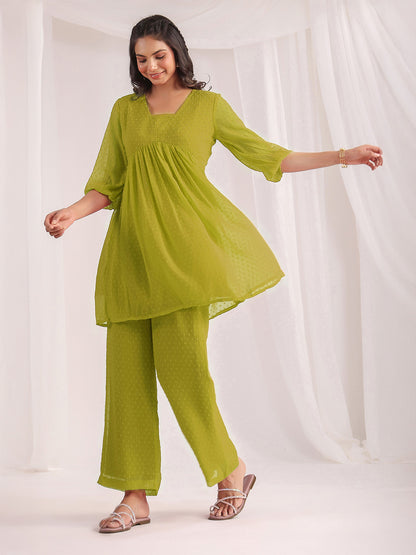 Janasya Lime A-Line Dobby Chiffon Pant Co-ord Sets - Dista