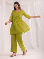 Thumbnail for Janasya Lime A-Line Dobby Chiffon Pant Co-ord Sets - Dista