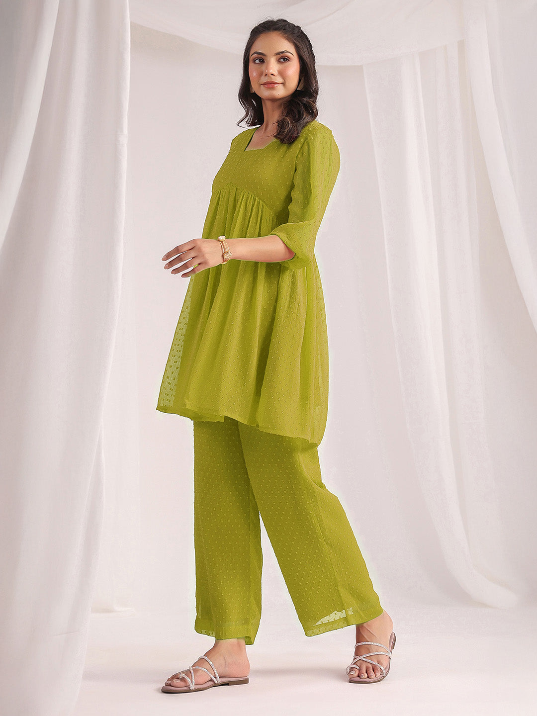 Janasya Lime A-Line Dobby Chiffon Pant Co-ord Sets - Dista