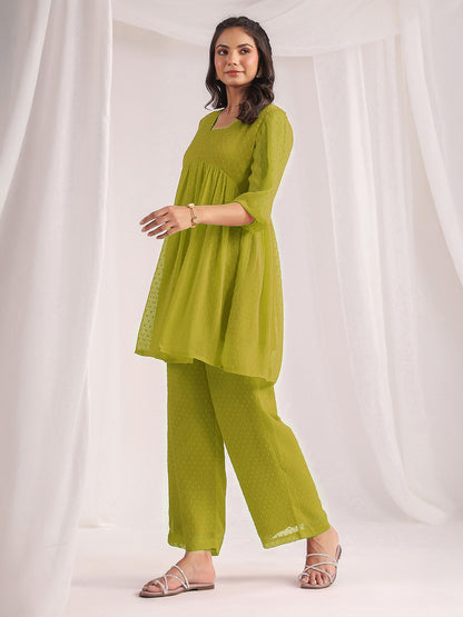 Janasya Lime A-Line Dobby Chiffon Pant Co-ord Sets - Dista