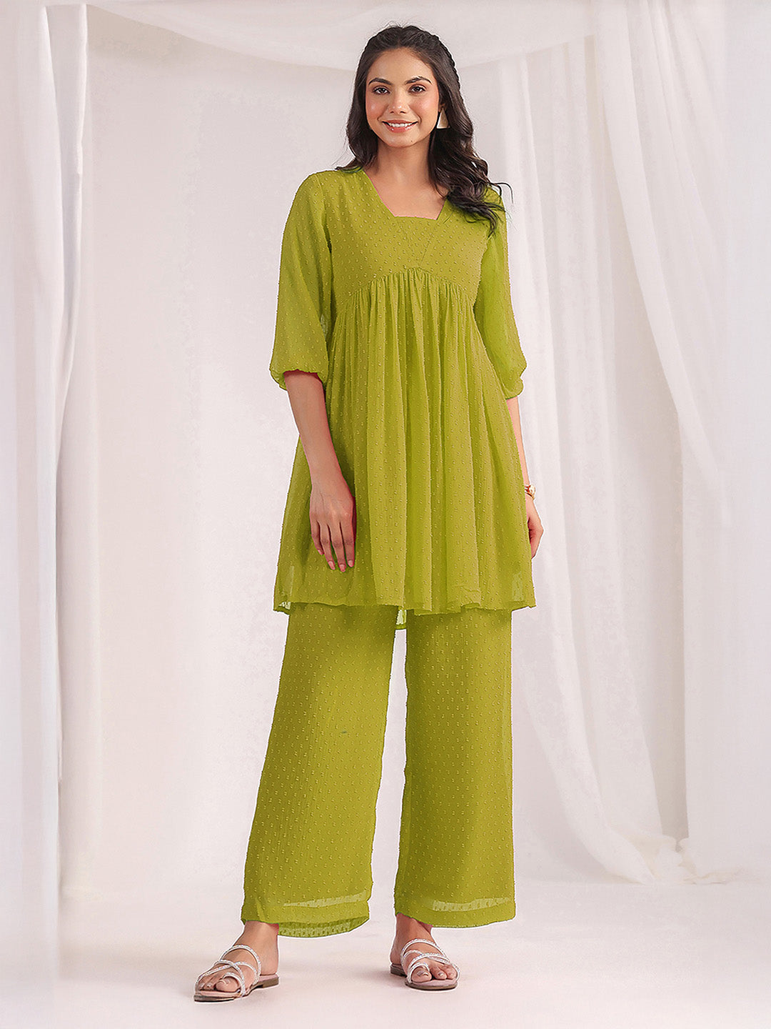 Janasya Lime A-Line Dobby Chiffon Pant Co-ord Sets