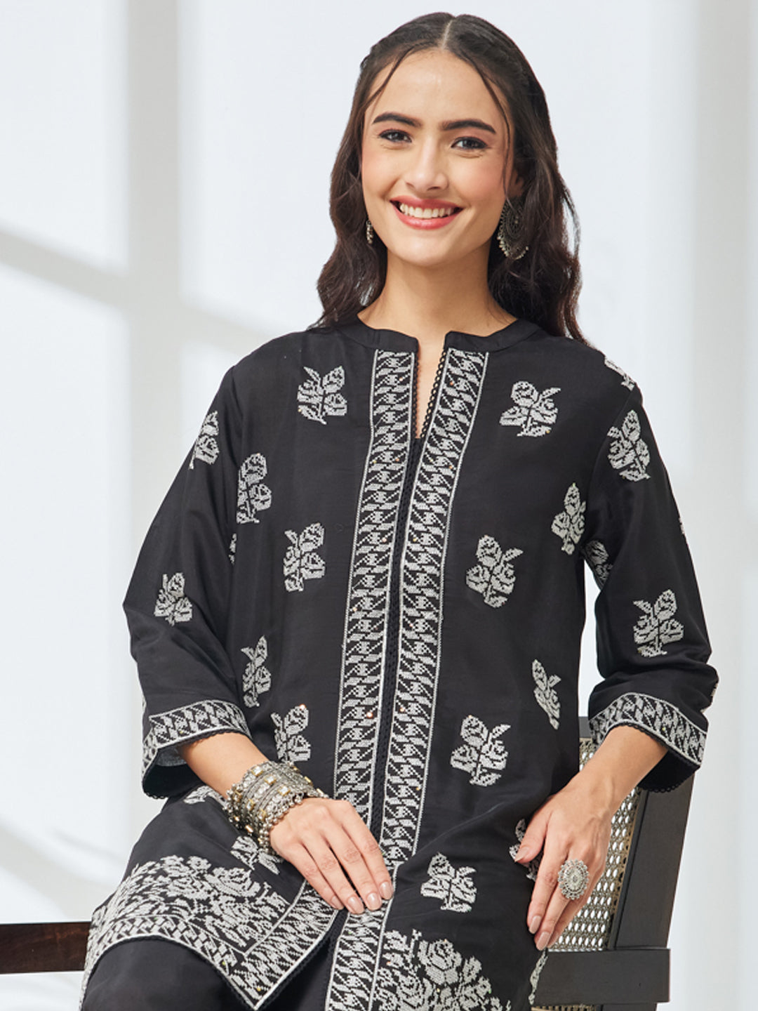 Janasya Black Straight Chanderi Co-Ords - Dista
