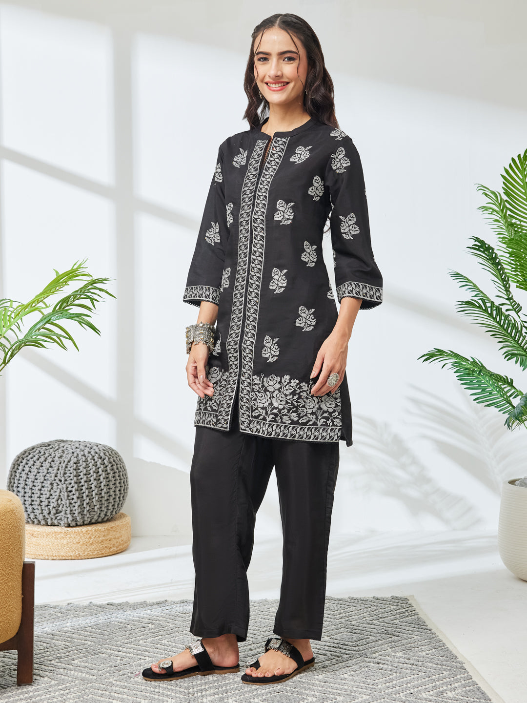 Janasya Black Straight Chanderi Co-Ords - Dista