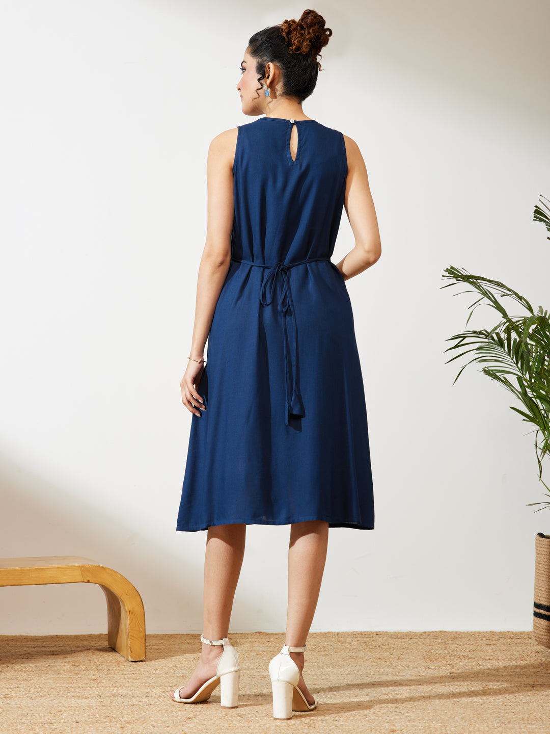 Janasya Navy Blue A-Line Rayon Dress - Dista
