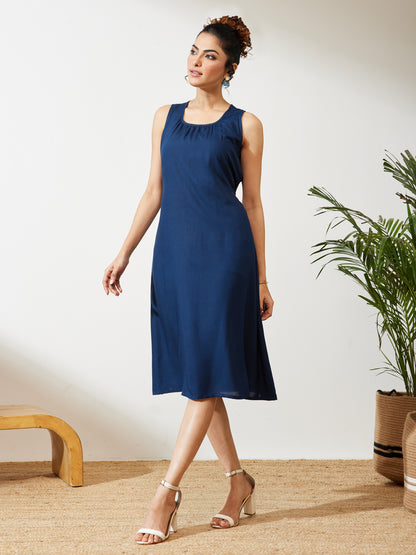 Janasya Navy Blue A-Line Rayon Dress - Dista