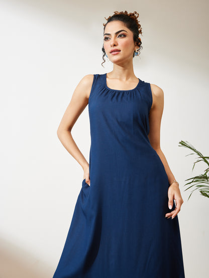 Janasya Navy Blue A-Line Rayon Dress - Dista