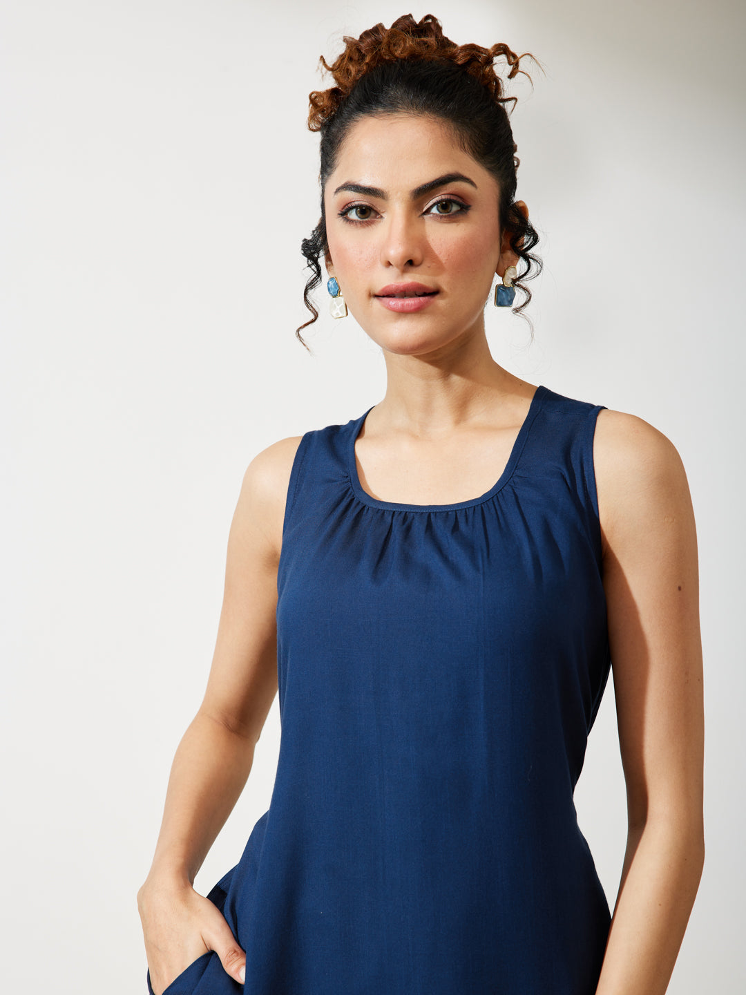 Janasya Navy Blue A-Line Rayon Dress - Dista