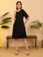Thumbnail for Janasya Black Gathered Rayon Dress - Dista