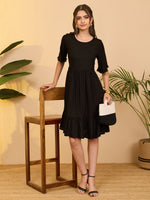 Thumbnail for Janasya Black Gathered Rayon Dress - Dista