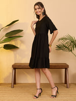 Thumbnail for Janasya Black Gathered Rayon Dress - Dista
