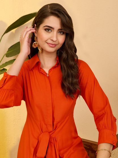 Janasya Orange A-Line Rayon Dress - Dista