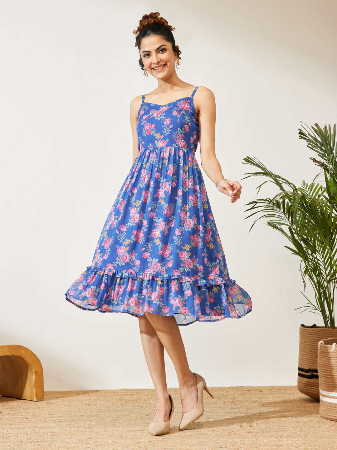 Janasya Blue A-Line Georgette Dress - Dista