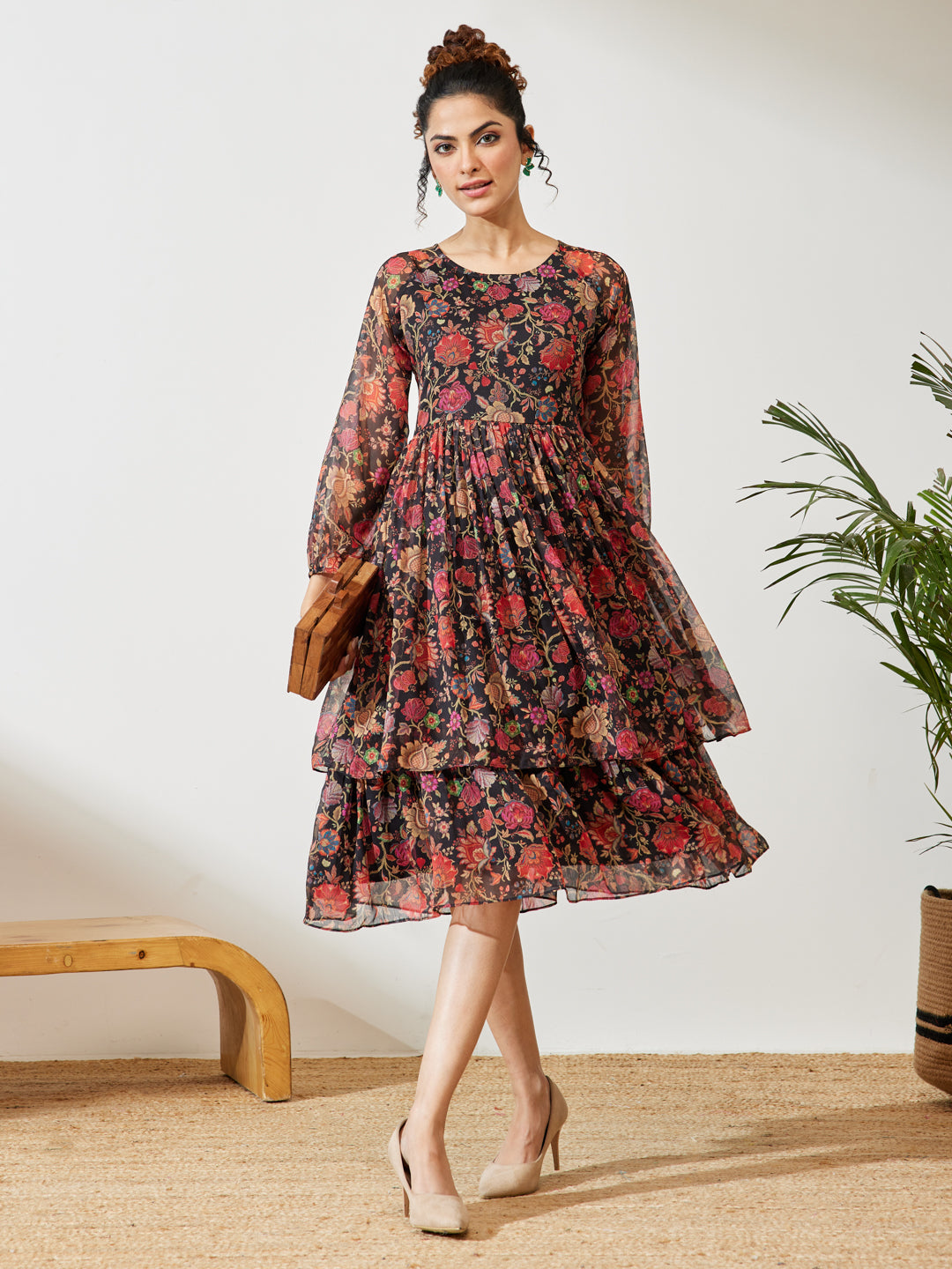 Janasya Black A-Line Georgette Dress - Dista