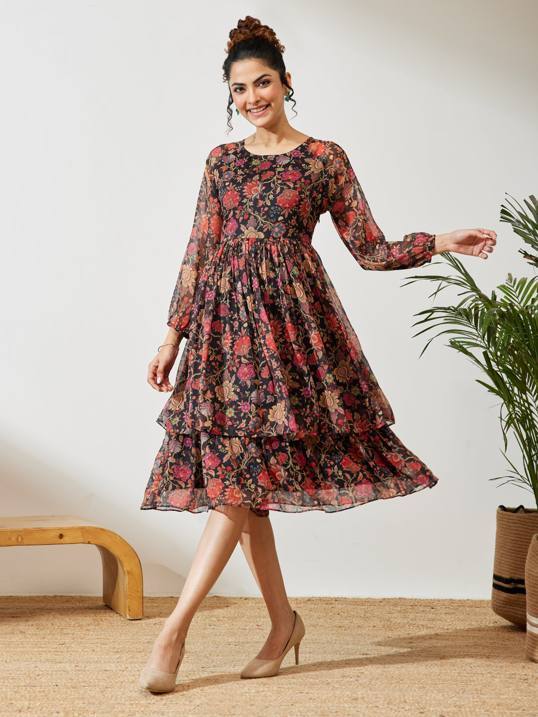 Janasya Black A-Line Georgette Dress - Dista