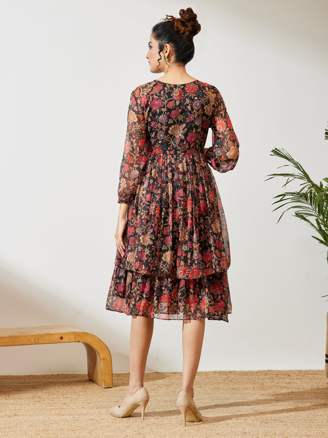 Janasya Black A-Line Georgette Dress - Dista