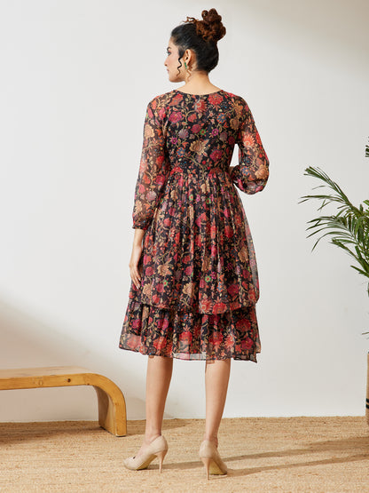 Janasya Black A-Line Georgette Dress - Dista