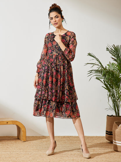Janasya Black A-Line Georgette Dress - Dista
