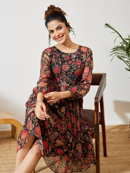 Janasya Black A-Line Georgette Dress - Dista