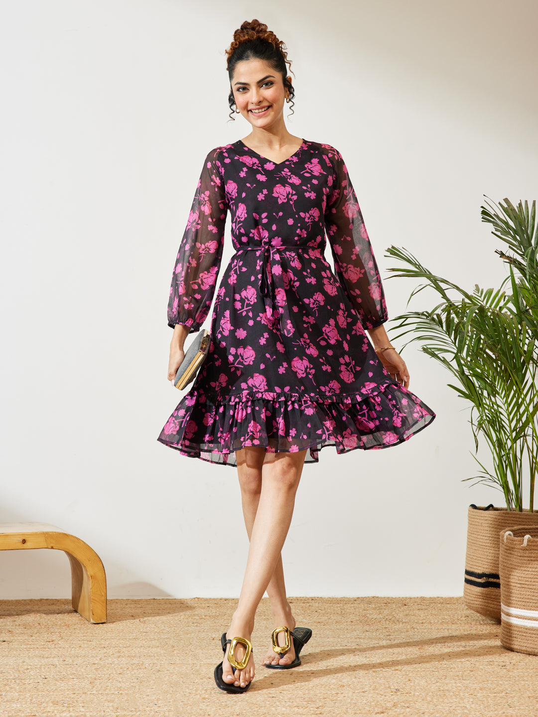 Janasya Black A-Line Chiffon Dress - Dista