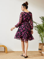Thumbnail for Janasya Black A-Line Chiffon Dress - Dista