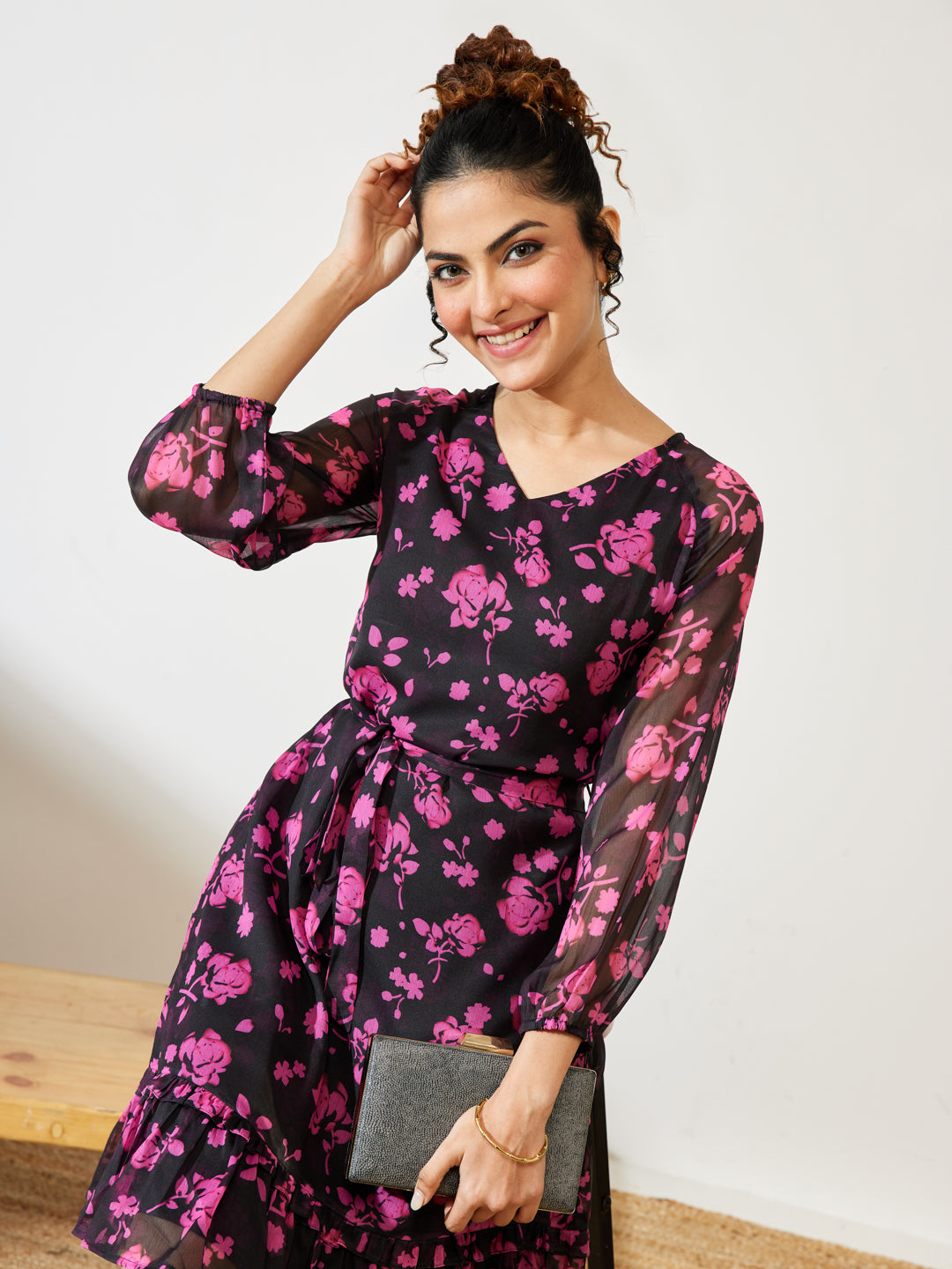 Janasya Black A-Line Chiffon Dress - Dista