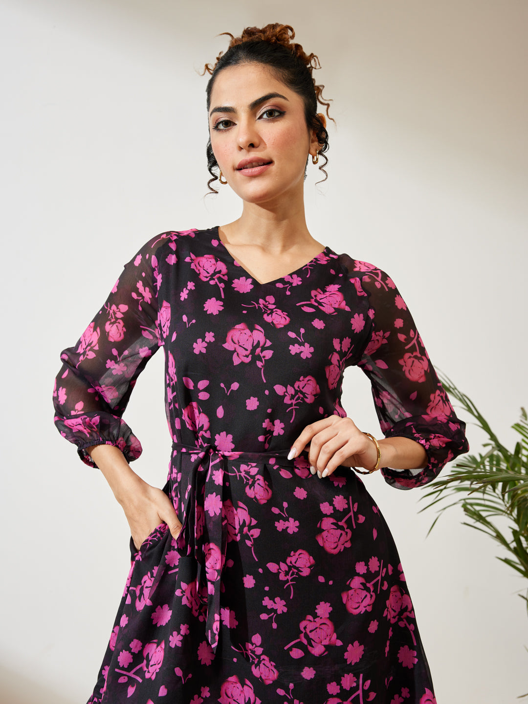 Janasya Black A-Line Chiffon Dress - Dista