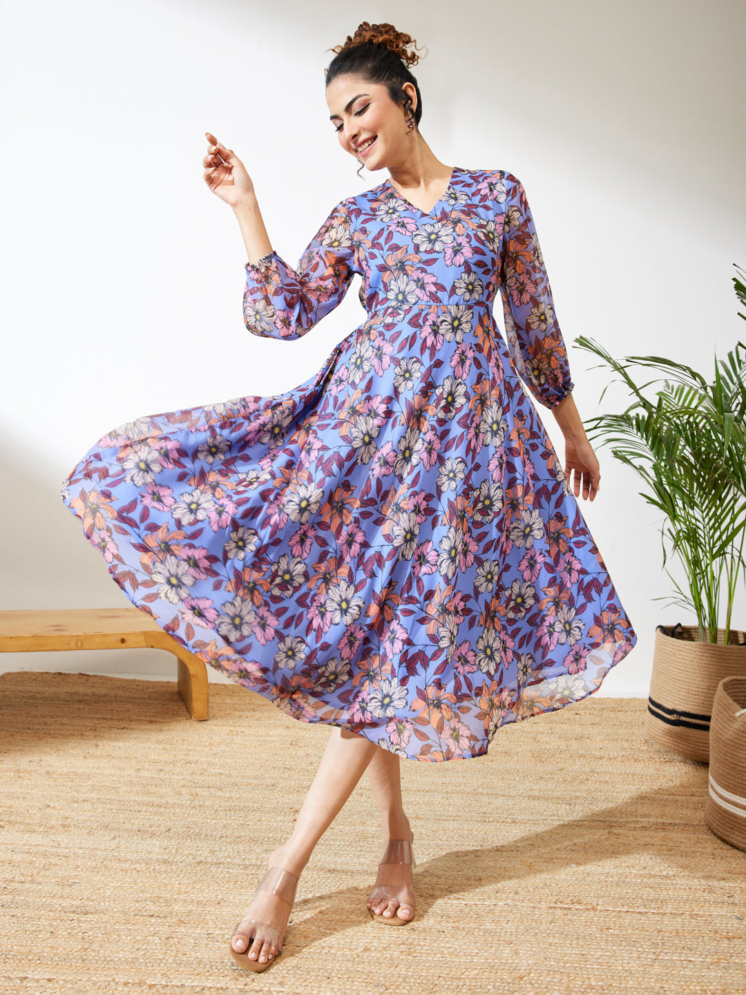 Janasya Lavender A-Line Georgette Dress - Dista