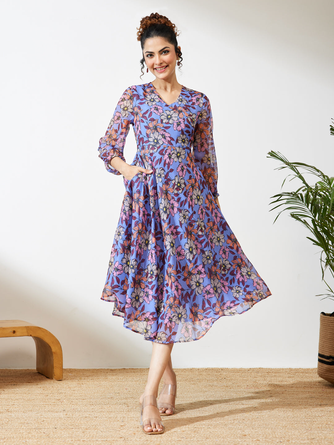 Janasya Lavender A-Line Georgette Dress - Dista